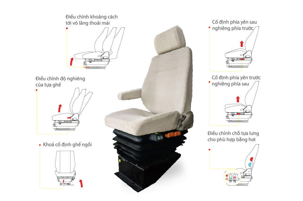 Ghế nệm hơi tài xế tích hợp nhiều cơ chế tùy chỉnh mang lại sự thoải mái và dễ chịu