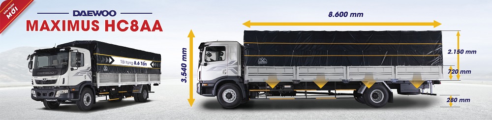 Xe Daewoo HC8AA có tải trọng 8.6 tấn. Kích thước lòng thùng dài 8.6m, rộng 2.36m, hông xe có thể gập xuống.